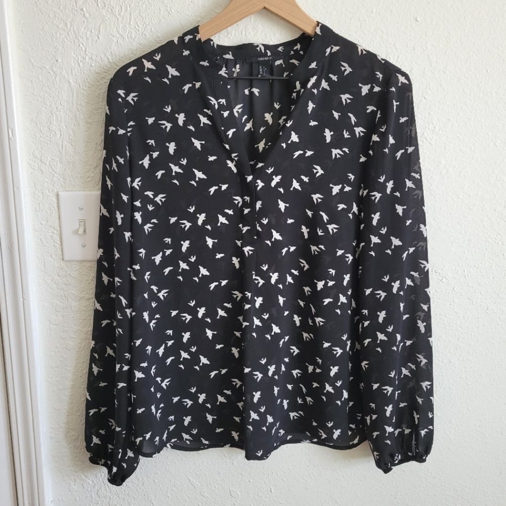 F21 Sheer Bird Print Blouse Size Large